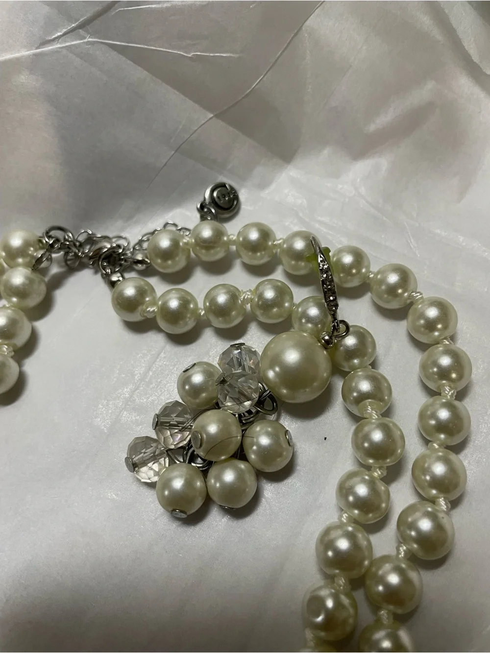 Simulated Pearls w rhinestones Double necklace & fishhook earrings 18” extender
